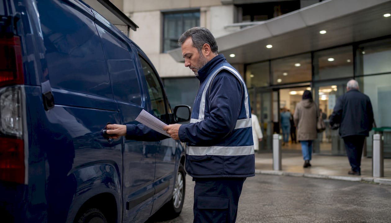 Courier driver checking the route outside an outpatient clinic before a scheduled lab pickup