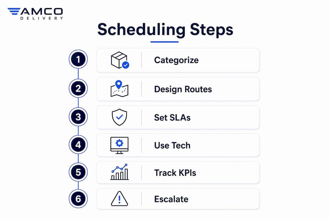 Infographic showing six steps to organize an outpatient lab courier schedule