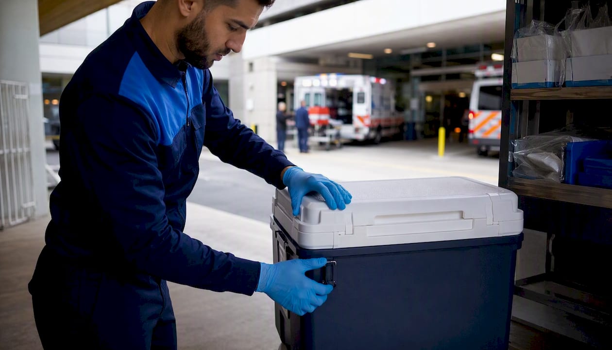 Medical courier sealing a specimen transport container at a Washington hospital dock