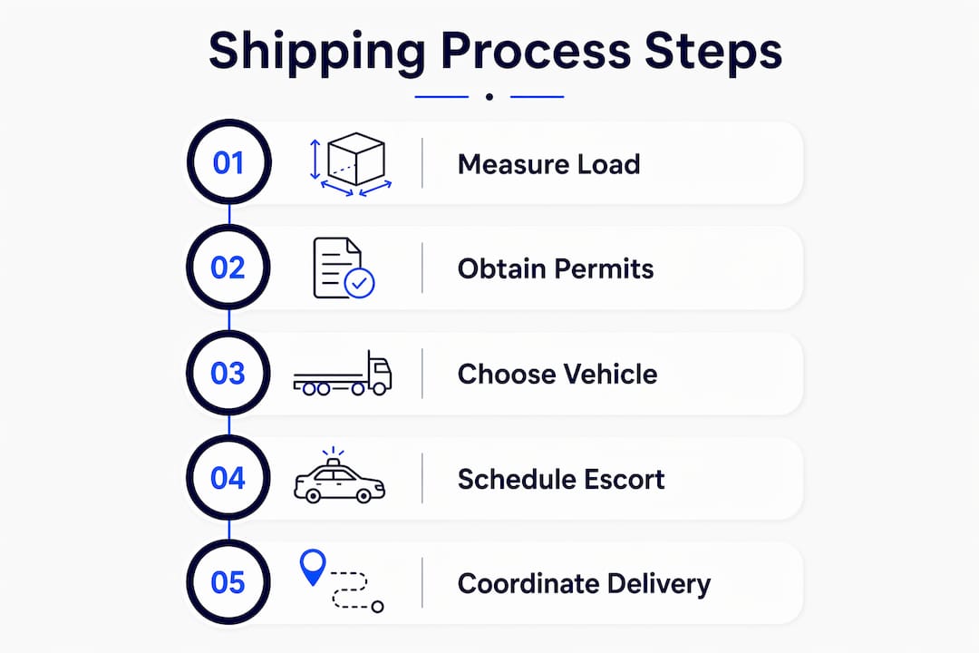 Infographic showing the five steps to ship oversized freight locally: measure load, obtain permits, choose vehicle, schedule escort, coordinate delivery