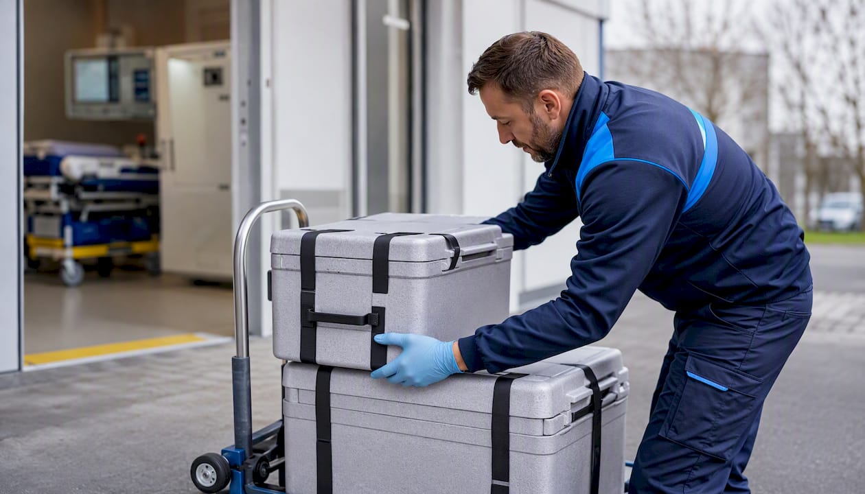 AMCO courier loading transport coolers into a delivery van in Seattle