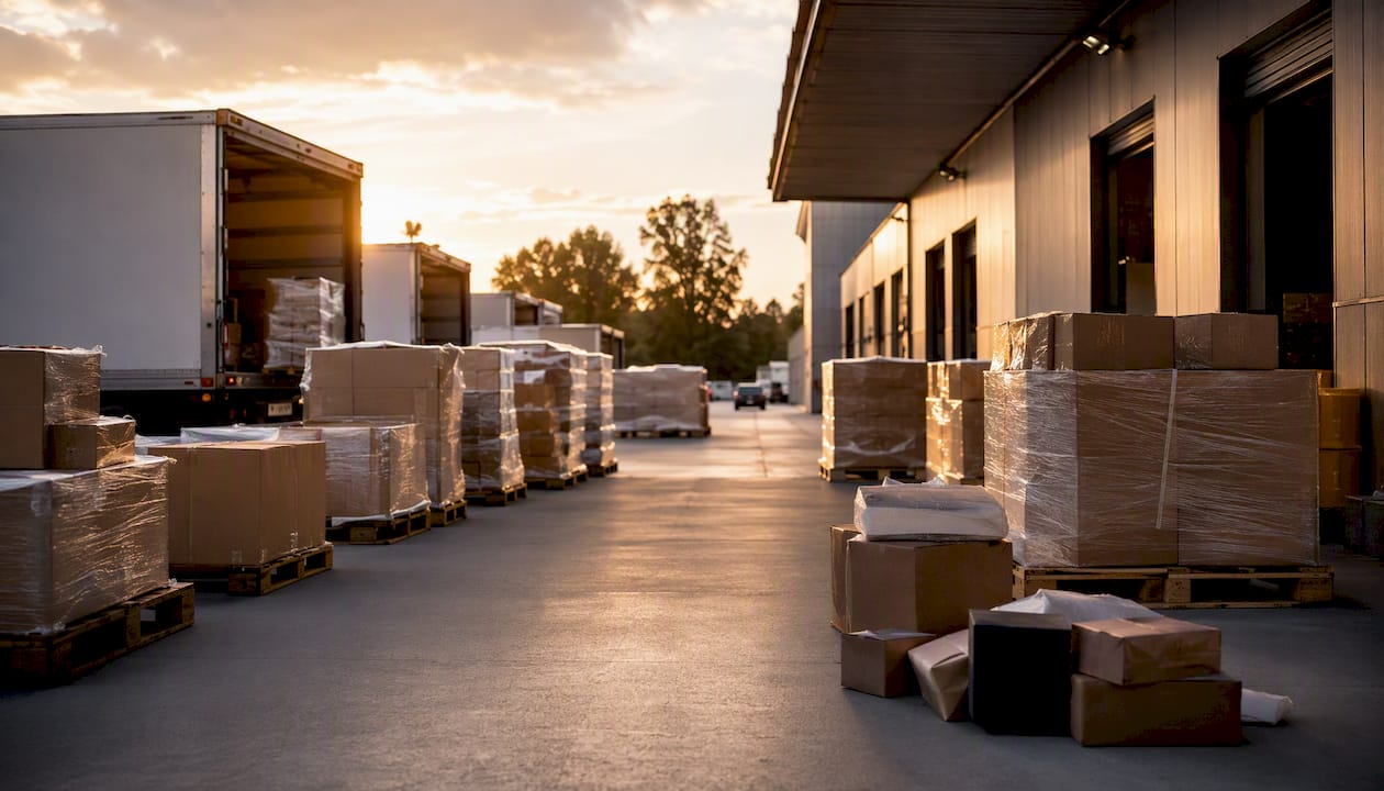 Palletized freight wrapped and staged at a loading dock, ready to be weighed and measured