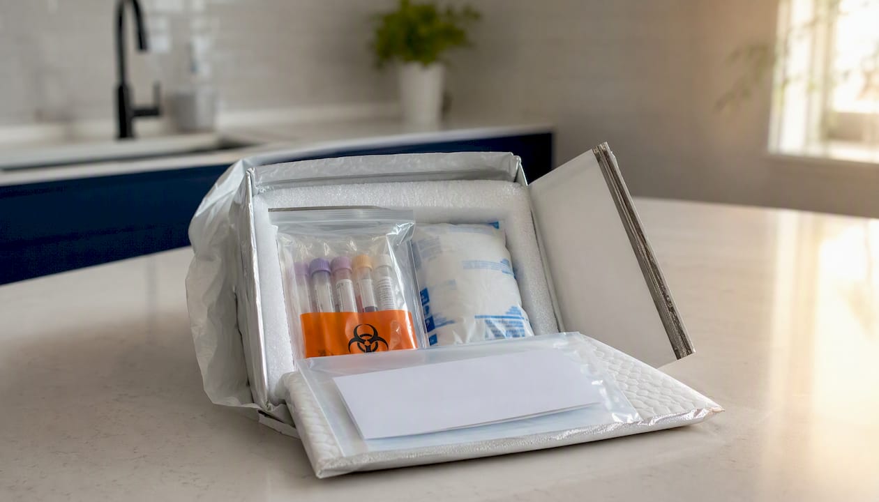 Packaged laboratory specimen in a biohazard transport bag ready for courier pickup