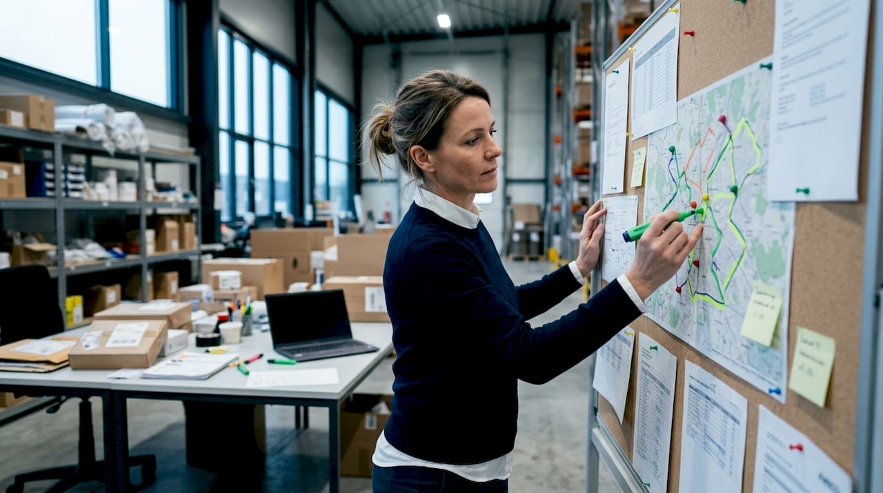 Logistics manager reviewing courier delivery routes and stop schedules